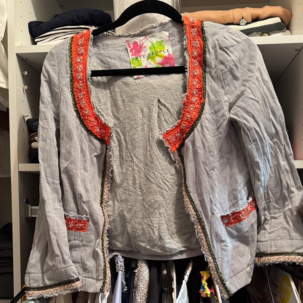 Free People Gray Striped Blazer with Red and Orange Details